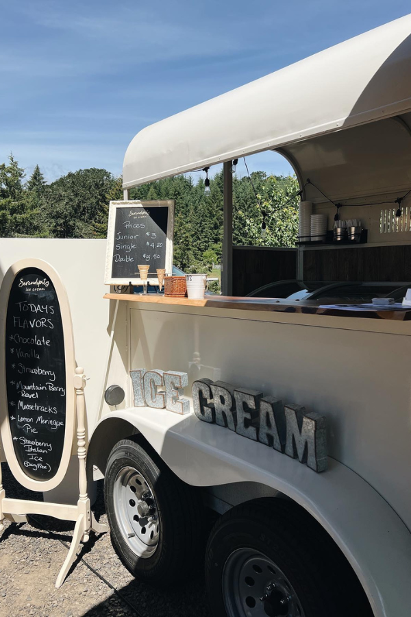 Home Page Services Serendipity 2: An older renovated truck turned into an ice cream stand with a sign next to it